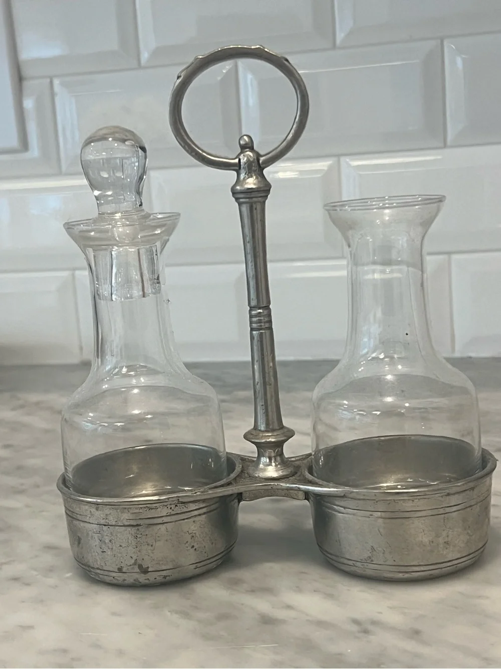 Arte Italica Vintage Oil & Vinegar Cruet Set with Pewter Caddy
